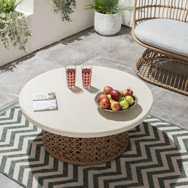 Quatropi Rhonda Outdoor Garden Round Rattan Coffee Table Glass Stone 90cm