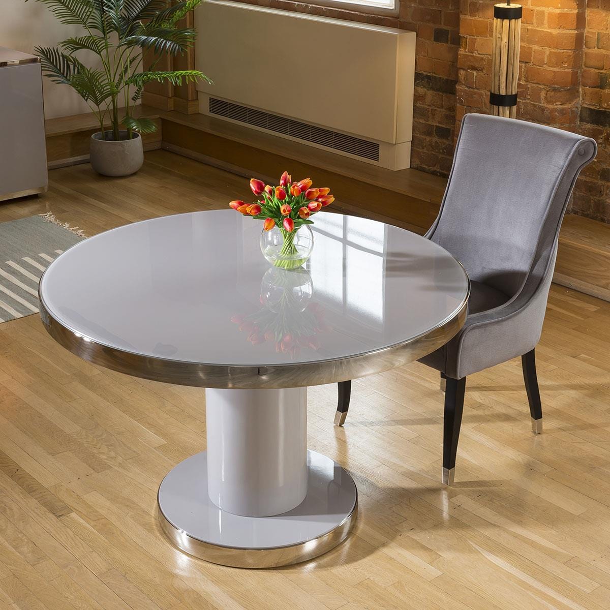 Quatropi Round 1200mm Dining Table Grey Gloss Base Glass Top & Polished Steel