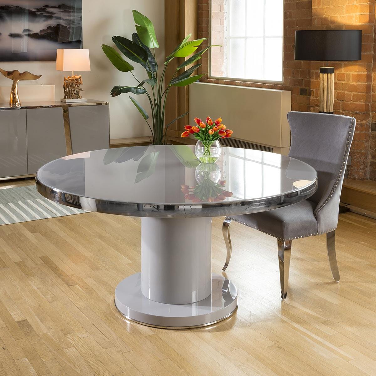Quatropi Round 1500mm Dining Table Grey Gloss Base Glass Top & Polished Steel