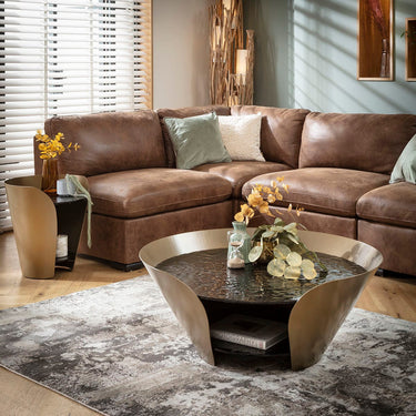 Quatropi Round Black Glass Coffee Table with Gold Frame Modern Black and Gold Design 100cm