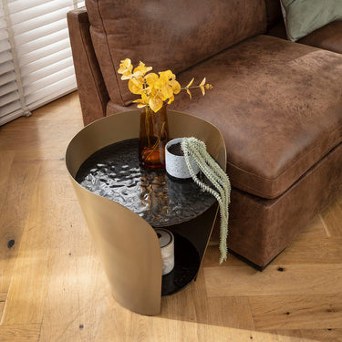 Quatropi Round Black Glass Lamp Side Table with Gold Frame Modern Black and Gold 50cm