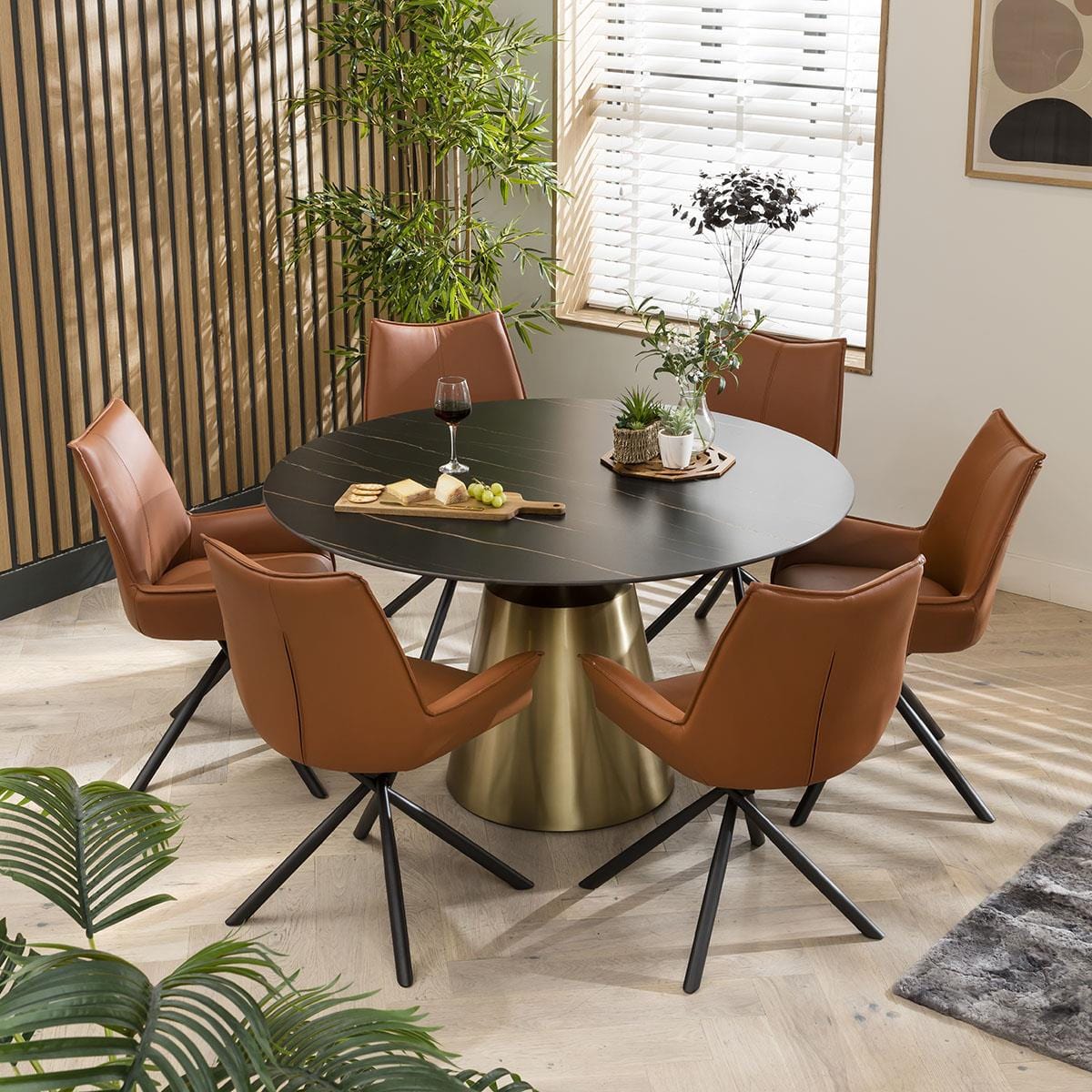 Quatropi Round Ceramic Marble-Effect Dining Table And Chairs - 6 Person Set - Black