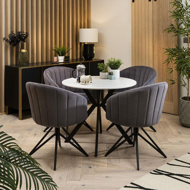 Quatropi Round Dining Table And 4 Chairs Set - White Ceramic Marble Table - 4 Seater Dining Set