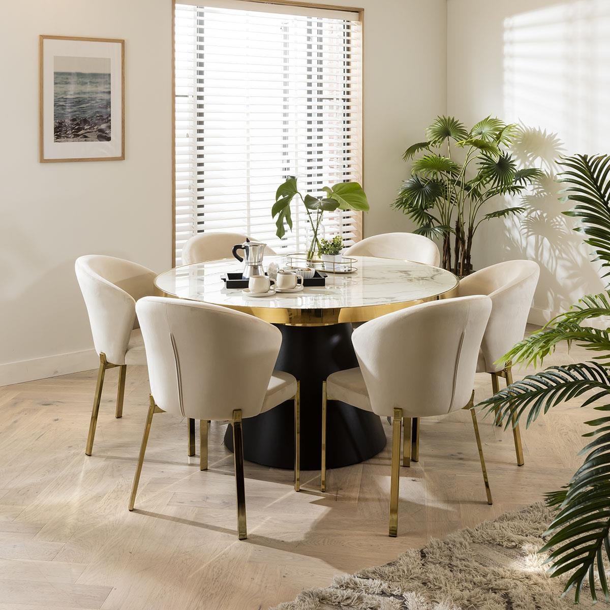 Quatropi Round Marble Dining Table & Cream Velvet Chairs, 6 Seater Dining Set