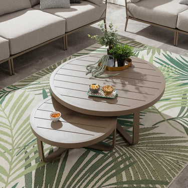 Quatropi Round Nesting Outdoor Garden Coffee Table Set of 2 Beige Aluminium 102cm & 68cm