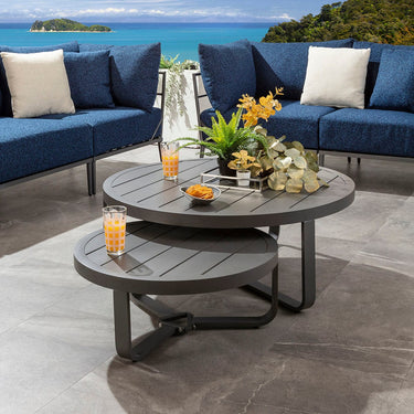 Quatropi Round Nesting Outdoor Garden Coffee Table Set of 2 Grey Aluminium 102cm & 68cm