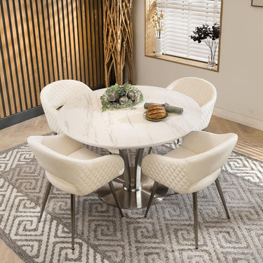 Quatropi Round Oval Ceramic Extending 4 Seat Dining Set White Leather 120-160cm