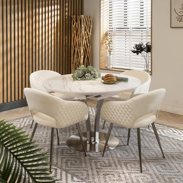 Quatropi Round Oval Ceramic Extending 4 Seat Dining Set White Leather 120-160cm