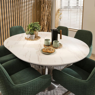 Quatropi Round Oval Ceramic Extending 6 Chair Dining Set White Green 120-160cm
