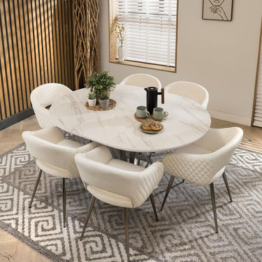 Quatropi Round Oval Ceramic Extending 6 Seat Dining Set White Leather 120-160cm