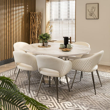 Quatropi Round Oval Ceramic Extending 6 Seat Dining Set White Leather 120-160cm