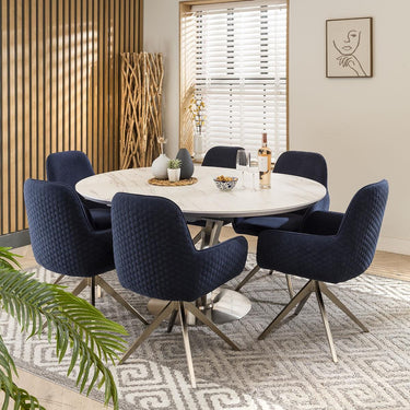 Quatropi Round Oval Ceramic Extending 6 Seater Dining Set White Blue 120-160cm