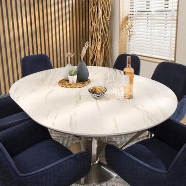 Quatropi Round Oval Ceramic Extending 6 Seater Dining Set White Blue 120-160cm