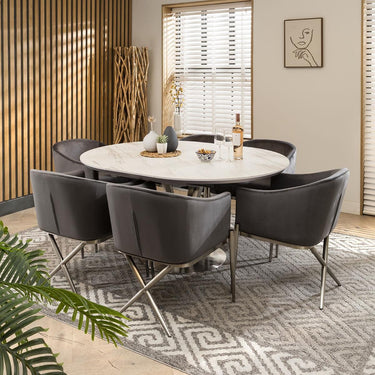 Quatropi Round Oval Ceramic Extending 6 Seater Dining Set White Grey 120-160cm