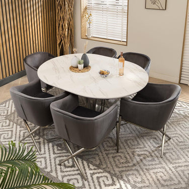 Quatropi Round Oval Ceramic Extending 6 Seater Dining Set White Grey 120-160cm