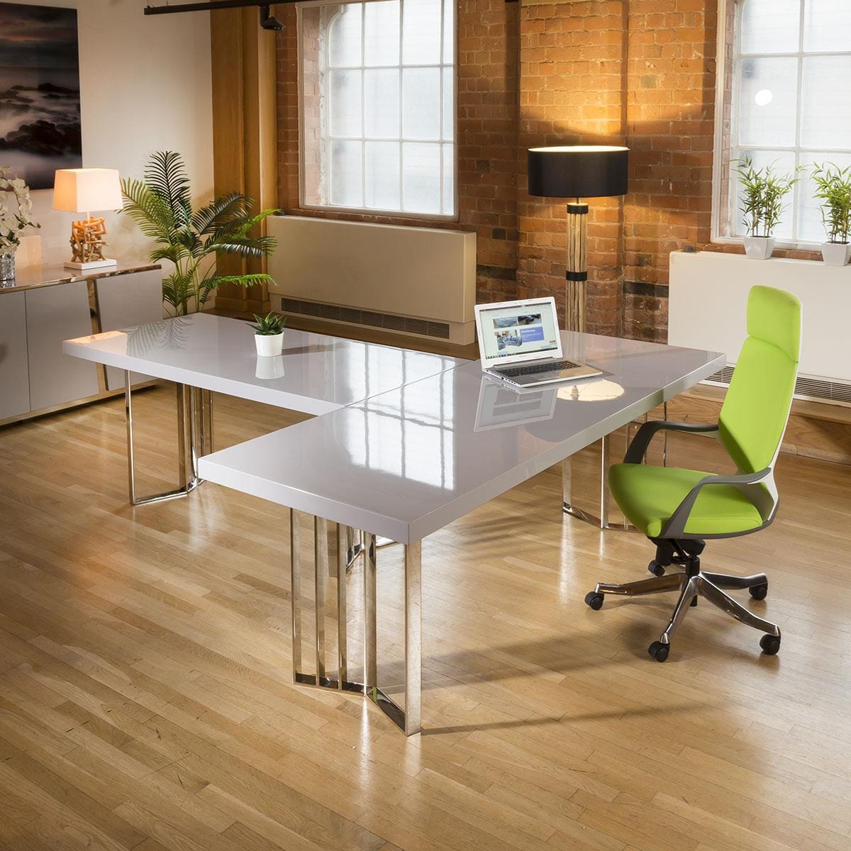 Quatropi Set of 2 designer Linea desks 2200mm and 1700mm Grey gloss and stainless.