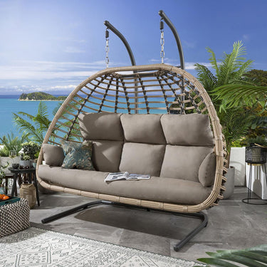 Quatropi Set of 2 Garden Egg Chairs Bamboo Single & Hammock Hanging Chair Beige