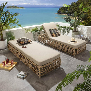 Quatropi Set of 2 Luxury Outdoor Garden Cushioned Rattan Sun Lounger Beige 206cm