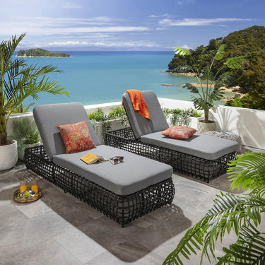 Quatropi Set of 2 Luxury Outdoor Garden Cushioned Rattan Sun Lounger Grey 206cm