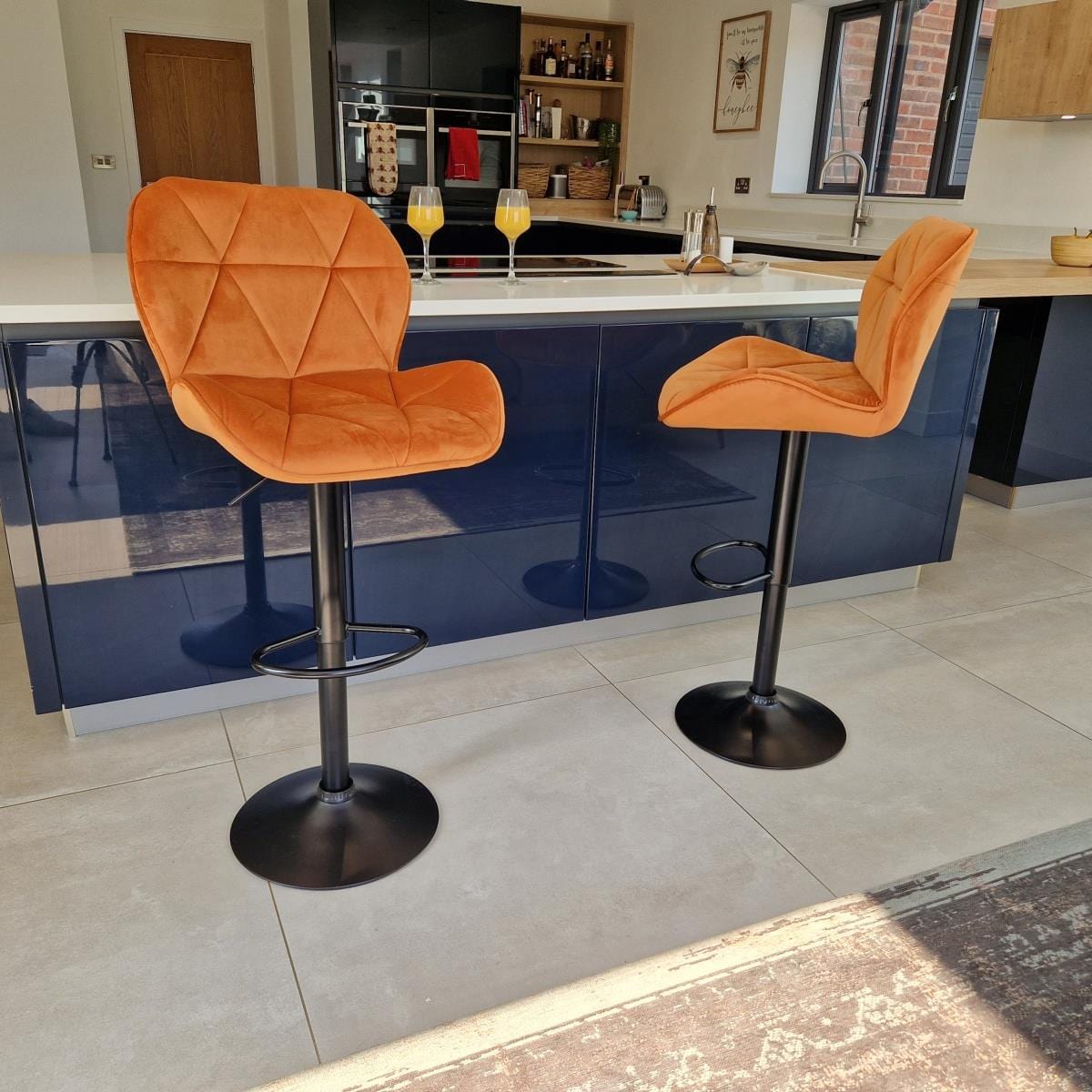 Quatropi Set of 2 Modern Kitchen Bar Stools - Luxury Orange Velvet - Adjustable Seat Height