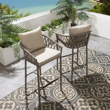 Quatropi Set of 2 Outdoor Garden Bar Stools With Backs Cushioned Aluminium Beige