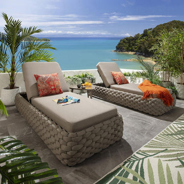 Quatropi Set of 2 Outdoor Garden Cushioned Sun Loungers Rope Weave Beige 208cm