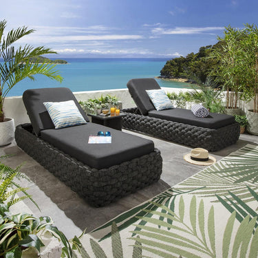 Quatropi Set of 2 Outdoor Garden Cushioned Sun Loungers Rope Weave Grey 208cm