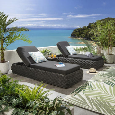 Quatropi Set of 2 Outdoor Garden Cushioned Sun Loungers Rope Weave Grey 208cm
