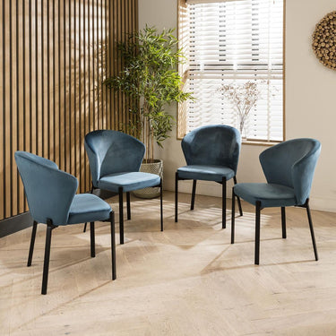 Quatropi Set of 4 Contemporary Velvet Dining Chairs Blue Fabric Black Legs