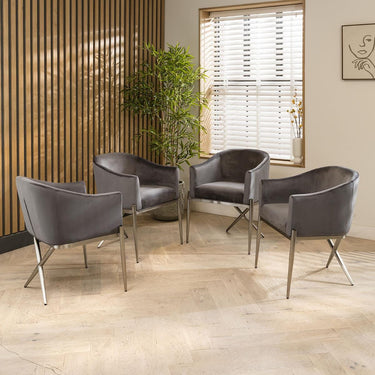 Quatropi Set of 4 Modern Carver Dining Chairs with Arms Grey Velvet Metal Legs