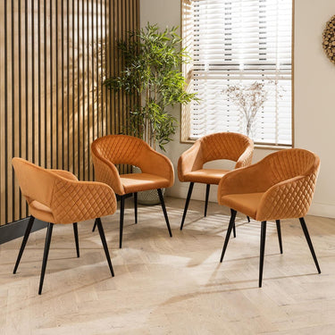 Quatropi Set of 4 Modern Carver Velvet Dining Chairs with Arms Orange Fabric