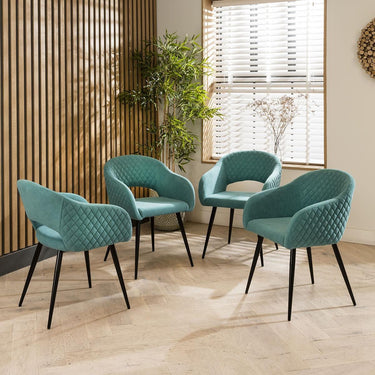 Quatropi Set of 4 Modern Carver Velvet Dining Chairs with Arms Teal Fabric