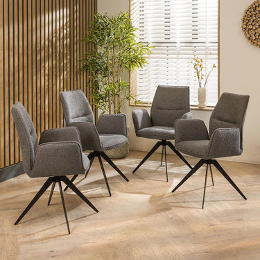 Quatropi Set of 4 Modern Dining Chairs with Arms Carver Swivel Base Grey Boucle