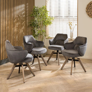 Quatropi Set of 4 Modern Industrial Swivel Velvet Dining Chairs Grey Fabric