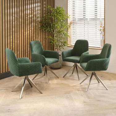 Quatropi Set of 4 Modern Swivel Carver Dining Chairs with Arms Green Velvet