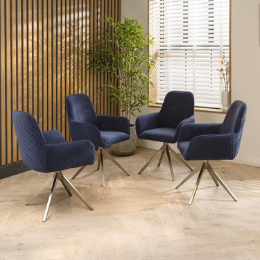Quatropi Set of 4 Modern Swivel Carver Dining Chairs with Arms Navy Blue Velvet