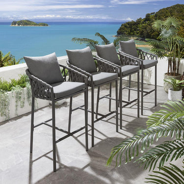 Quatropi Set of 4 Outdoor Garden Bar Stools With Backs Cushioned Aluminium Grey
