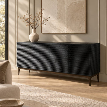 Quatropi Sleek 4 Door Sideboard Storage Cabinet Black Oak Fluted Ribbed 180cm