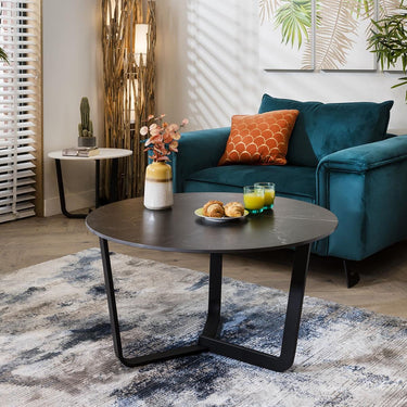 Quatropi Sleek Round Black Coffee Table Modern Marble Effect Ceramic 90cm