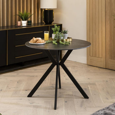 Quatropi Small 4 Seater Round Dining Table Black Ceramic Marble Modern Bistro 90cm