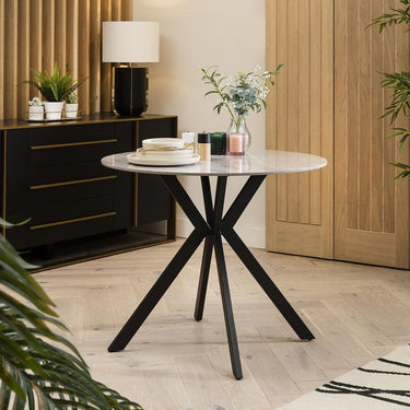 Quatropi Small 4 Seater Round Dining Table Grey Ceramic Marble Modern Bistro 90cm