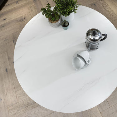 Quatropi Small 4 Seater Round Dining Table White Ceramic Marble Modern Bistro 90cm