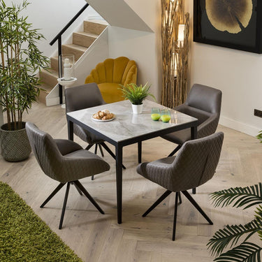 Quatropi Small Luxury 4 Seater Dining Set - Grey Ceramic Marble Table - Brown Swivel Chairs