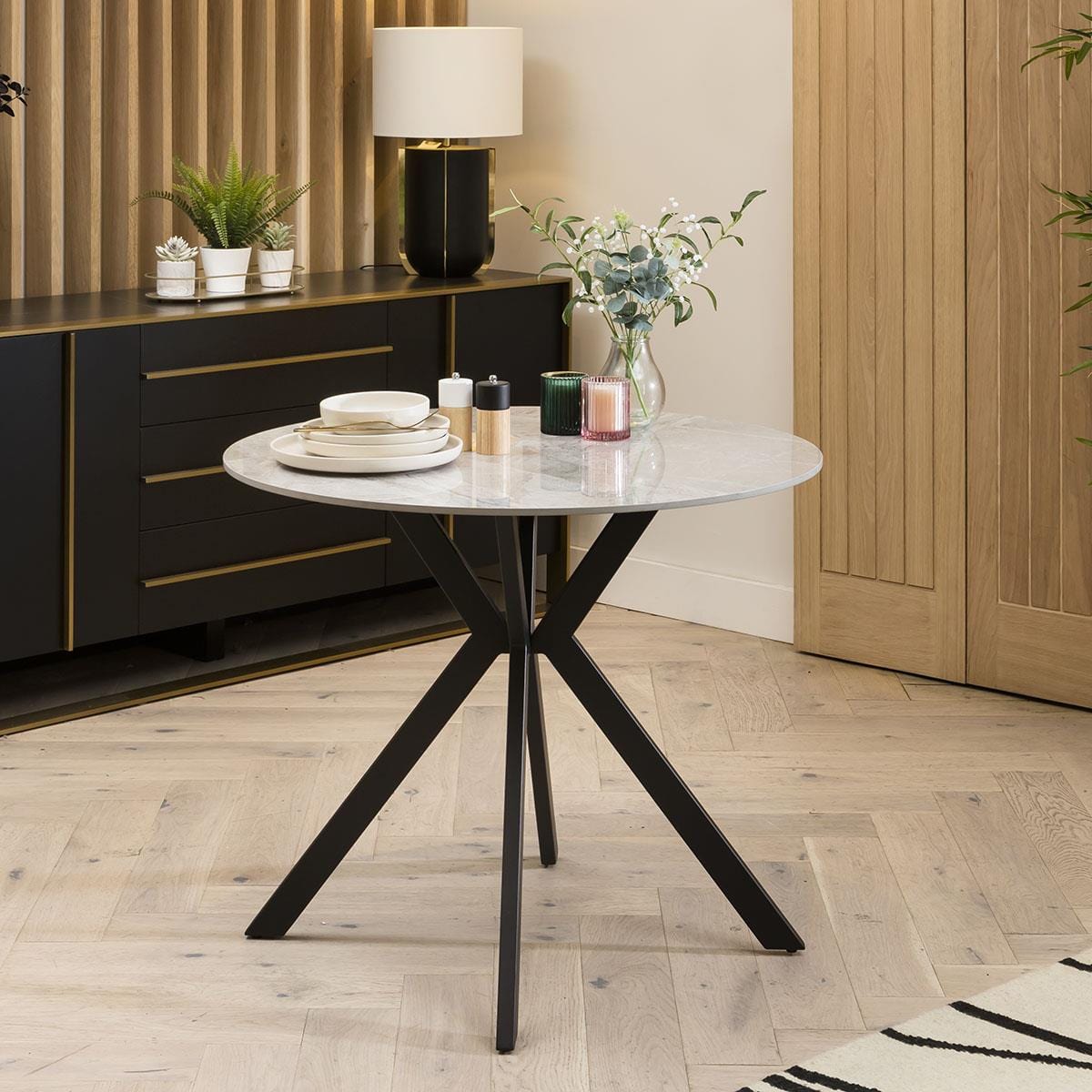 Quatropi Small Round Modern Ceramic Marble Dining Table - 4 Seater Grey High Gloss 90cm