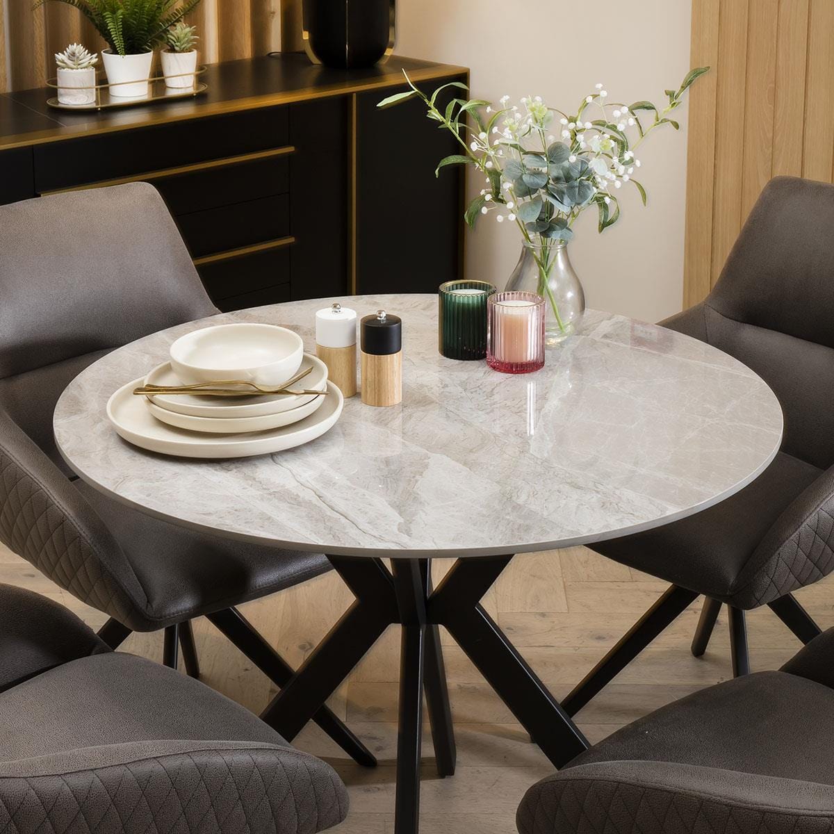 Quatropi Small Round Modern Ceramic Marble Dining Table - 4 Seater Grey High Gloss 90cm