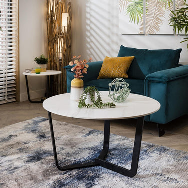 Quatropi Small Round White Coffee Table Luxury Marble Effect Ceramic 90cm