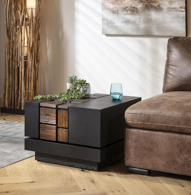 Quatropi Square Black Bedside Side Table Oak Veneer Relcaimed Wood 60x60cm