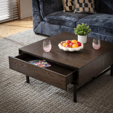 Quatropi Square Wooden Coffee Table with Storage Drawer Dark Oak Wood Veneer 85cm