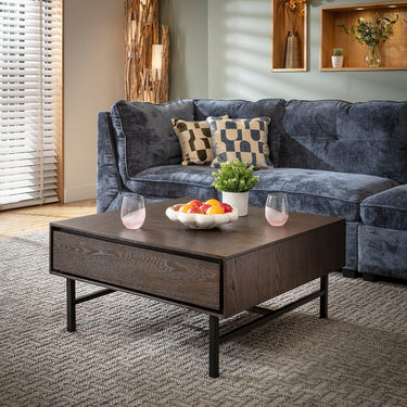Quatropi Square Wooden Coffee Table with Storage Drawer Dark Oak Wood Veneer 85cm