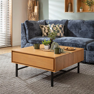 Quatropi Square Wooden Coffee Table with Storage Drawer Light Oak Wood Veneer 85cm
